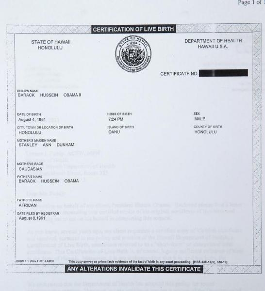 Obama e american cu acte în regulă. Vezi certificatul său de naştere