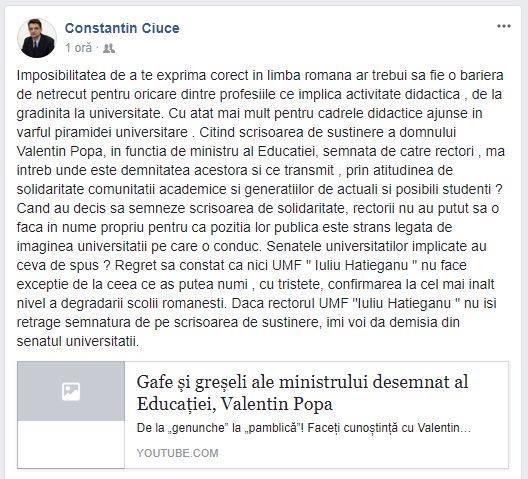 Fostul rector al UMF Cluj ameninţă cu demisia din Senatul universităţii. Este revoltat de susţinerea ministrului  
