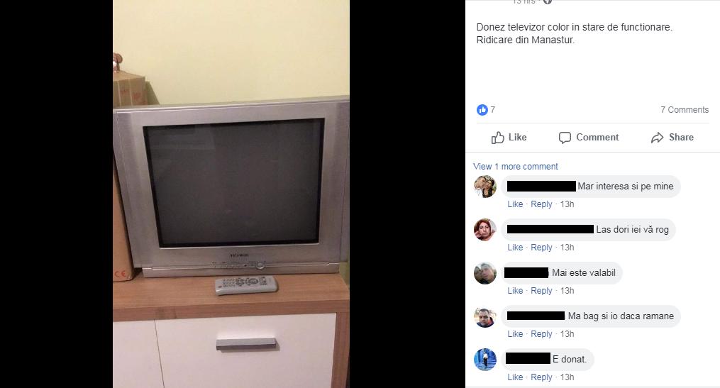 Televizorul a fost donat în mai puţin de o oră de la postarea anunţului. FOTO: Facebook