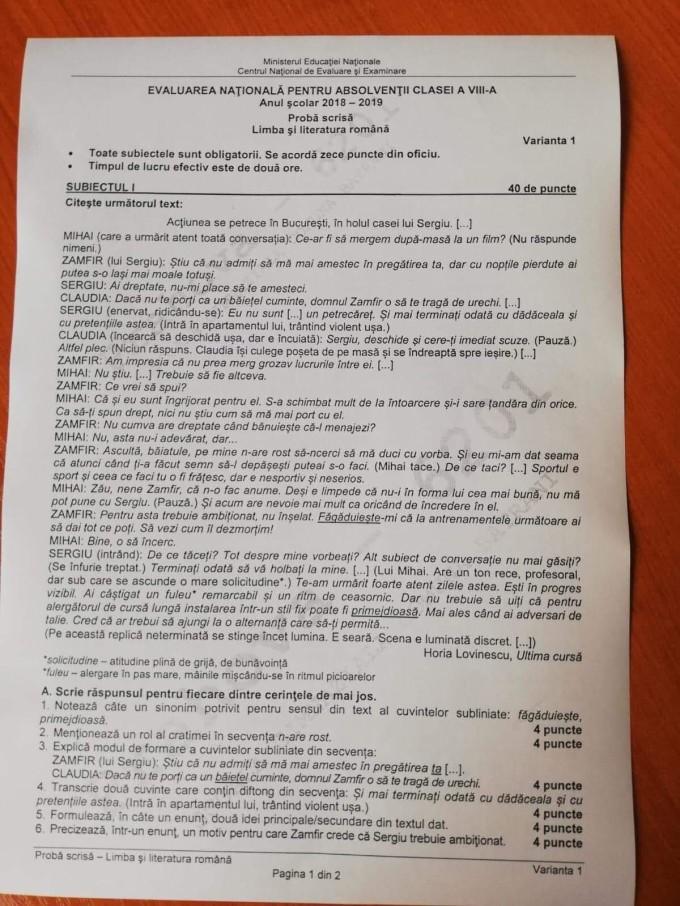 Limba romana evaluare 2019