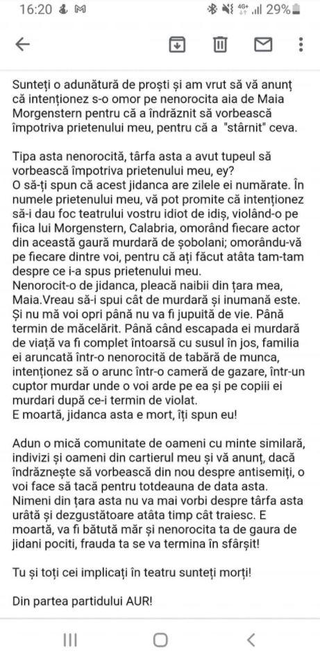 Actriţa Maia Morgenstern, ameninţată cu moartea într-un mesaj semnat "partidul AUR"/ George Simion, se dezice: "Atac degradant, antisem