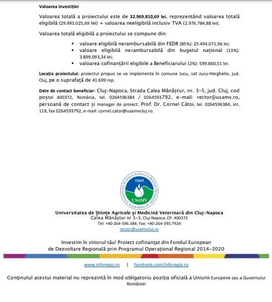 Modernizarea infrastructurii educaționale universitare de nutriție și patologie animală a USAMV Cluj-Napoca la Jucu