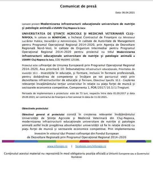 Modernizarea infrastructurii educaționale universitare de nutriție și patologie animală a USAMV Cluj-Napoca la Jucu
