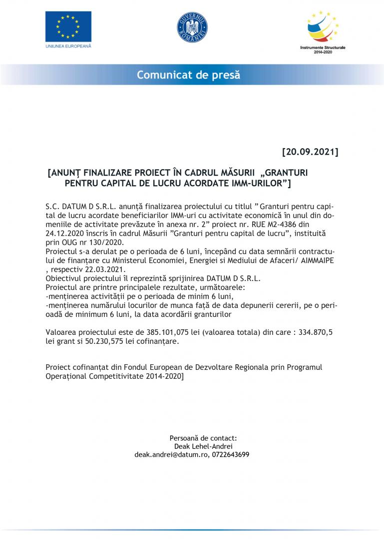 Anunt finalizare proiect
