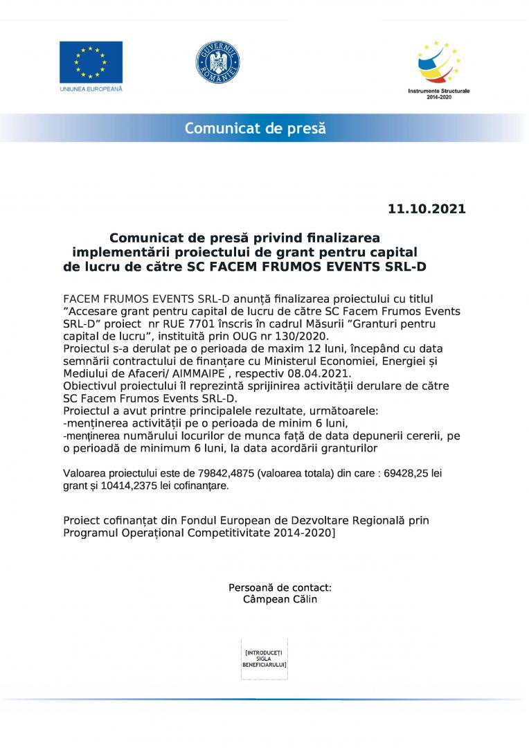 Comunicat de presă privind finalizarea implementării proiectului de grant pentru capital de lucru de către SC FACEM FRUMOS EVENTS SRL-D