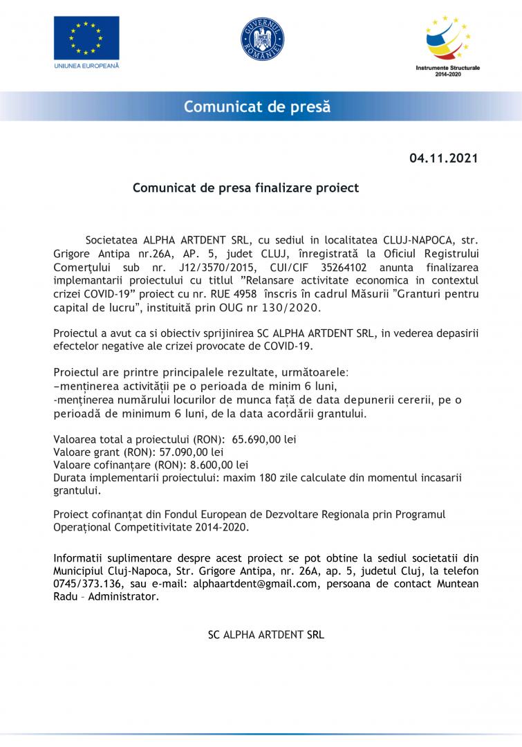 COMUNICAT FINALIZARE PROIECT