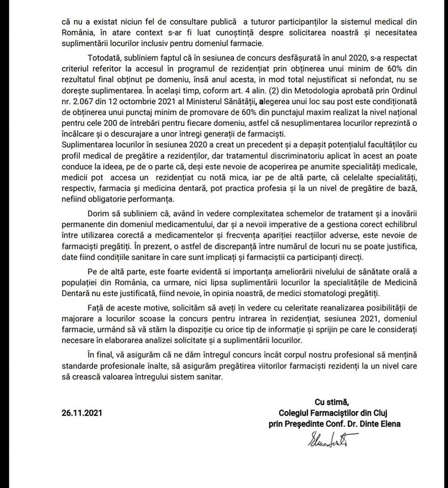 Colegiul Farmaciștilor Cluj solicită suplimentarea locurilor la Rezidențiat pentru farmaciști pe motiv de discriminare