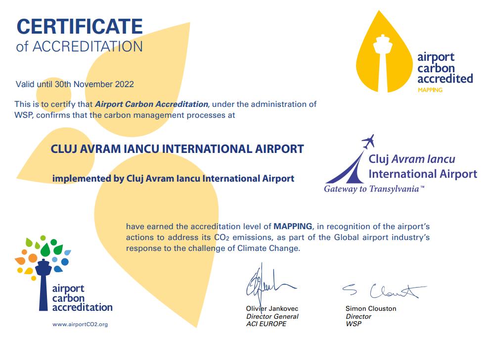 ACI EUROPE a certificat Aeroportul din Cluj pentru gestionarea și reducerea emisiilor de carbon