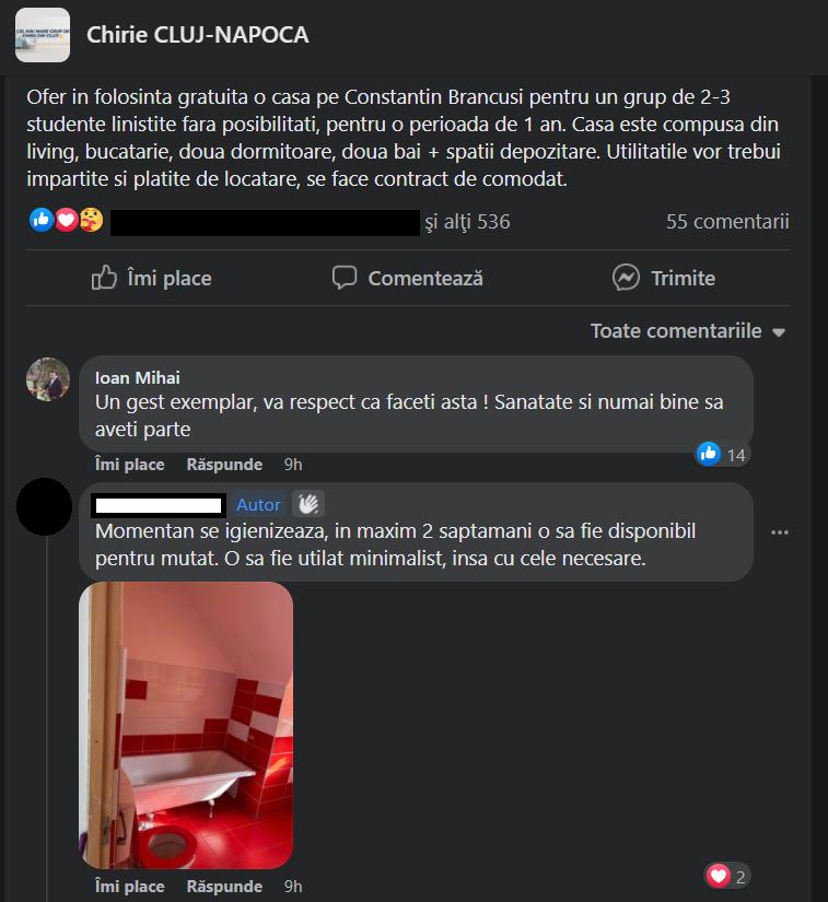 CHIRIE GRATIS în Cluj! O doamnă oferă o casă cu 3 camere timp de 1 an
