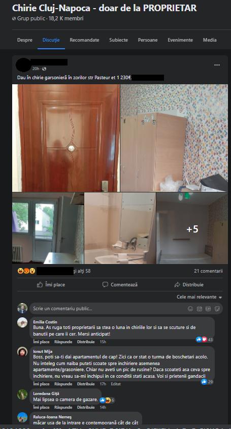 Garsonieră din Cluj luată la puricat pe Facebook: „Zică că a stat o turmă de boschetari/Sunt condiții mai bune la pușcărie”