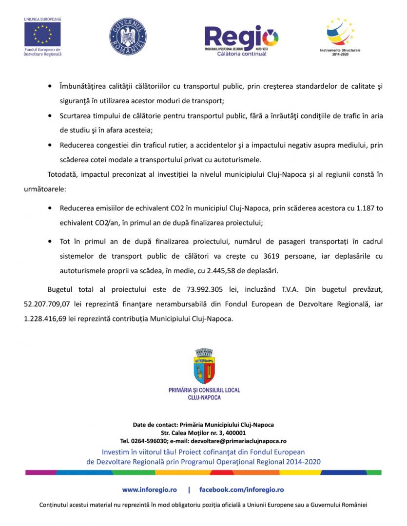 Înnoirea flotei de transport în comun în Municipiul Cluj-Napoca prin achiziționarea de tramvaie - Etapa 1 - Faza 2 – Cod SMIS 126056