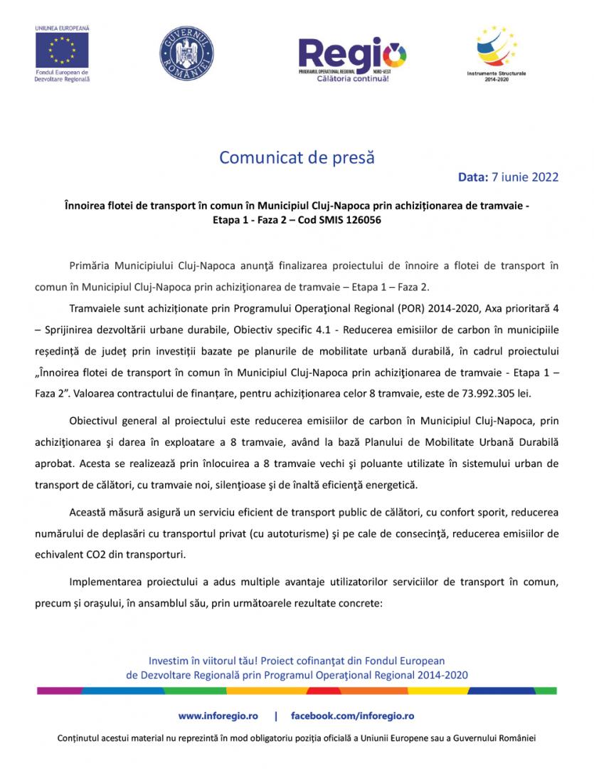 Înnoirea flotei de transport în comun în Municipiul Cluj-Napoca prin achiziționarea de tramvaie - Etapa 1 - Faza 2 – Cod SMIS 126056