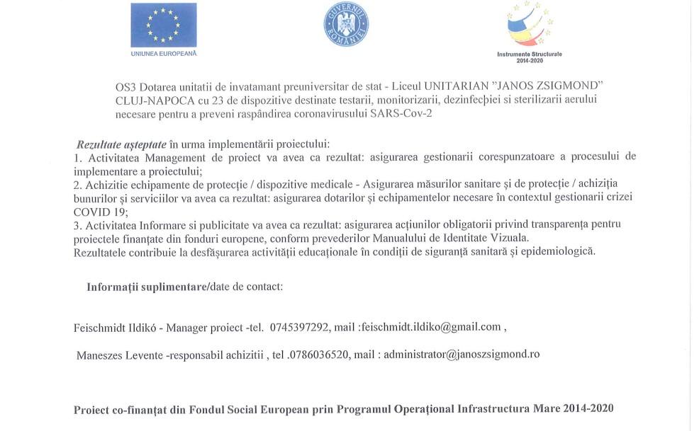 "Cresterea capacitatii unitatii de invatamant LICEUL UNITARIAN "JANOS ZSIGMOND" CLUJ-NAPOCA in vederea gestionarii crizei COVID-19"