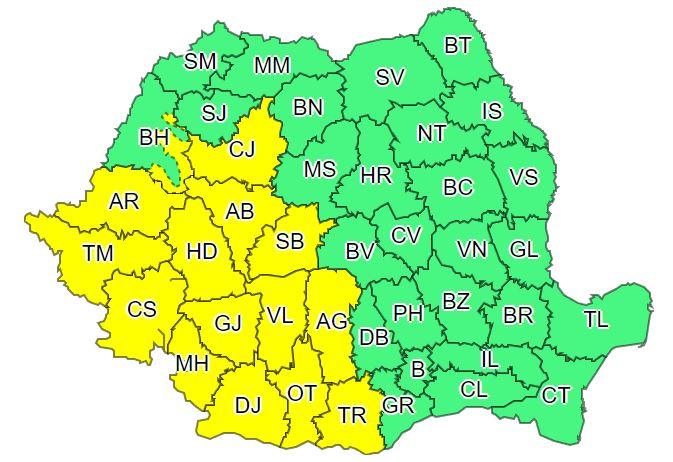 COD GALBEN de ploi torențiale, vijelii și grindină la Cluj