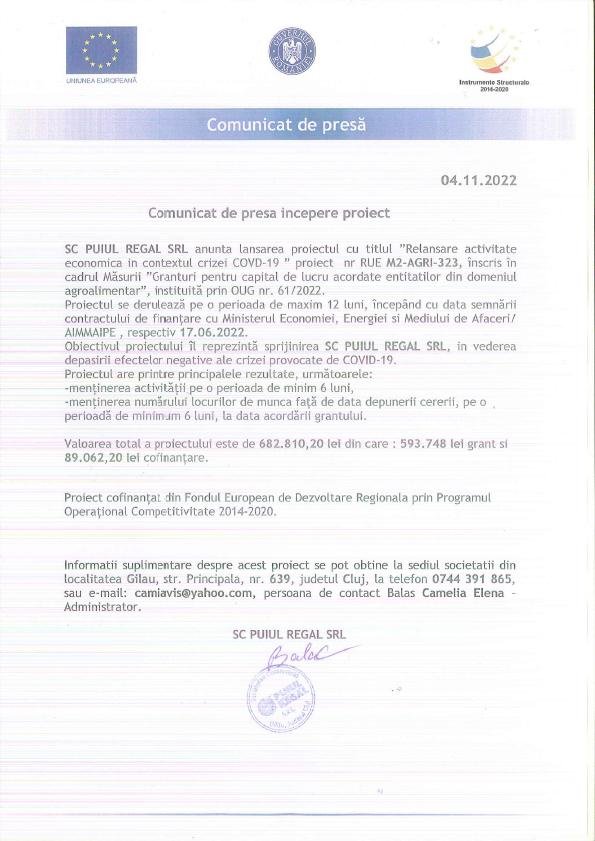 (P) Comunicat de presa incepere proiect PUIUL REGAL SRL