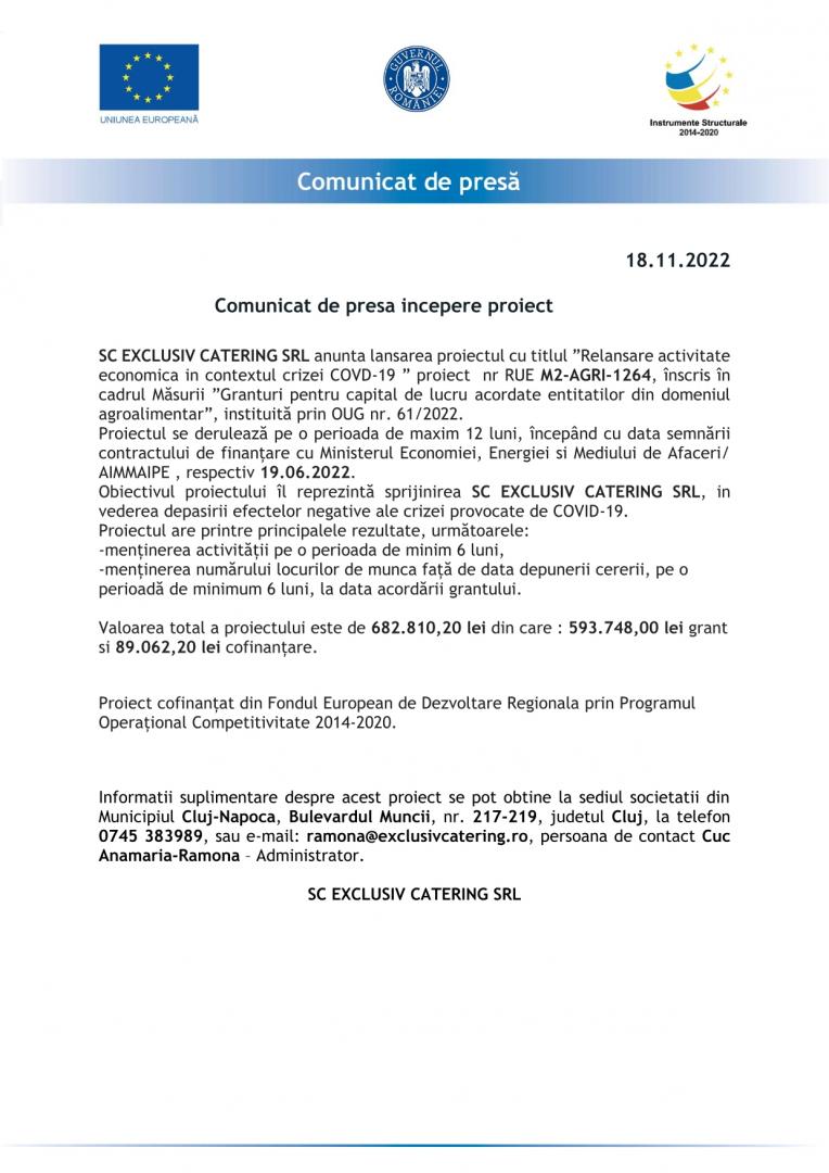(P)Comunicat de presa incepere proiect SC EXCLUSIV CATERING SRL