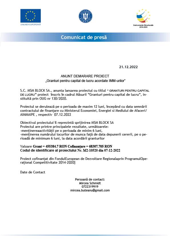 Anunț demarare proiect „Granturi pentru capital de lucru acordate IMM-urilor” - MSM BLOCK S.A.
