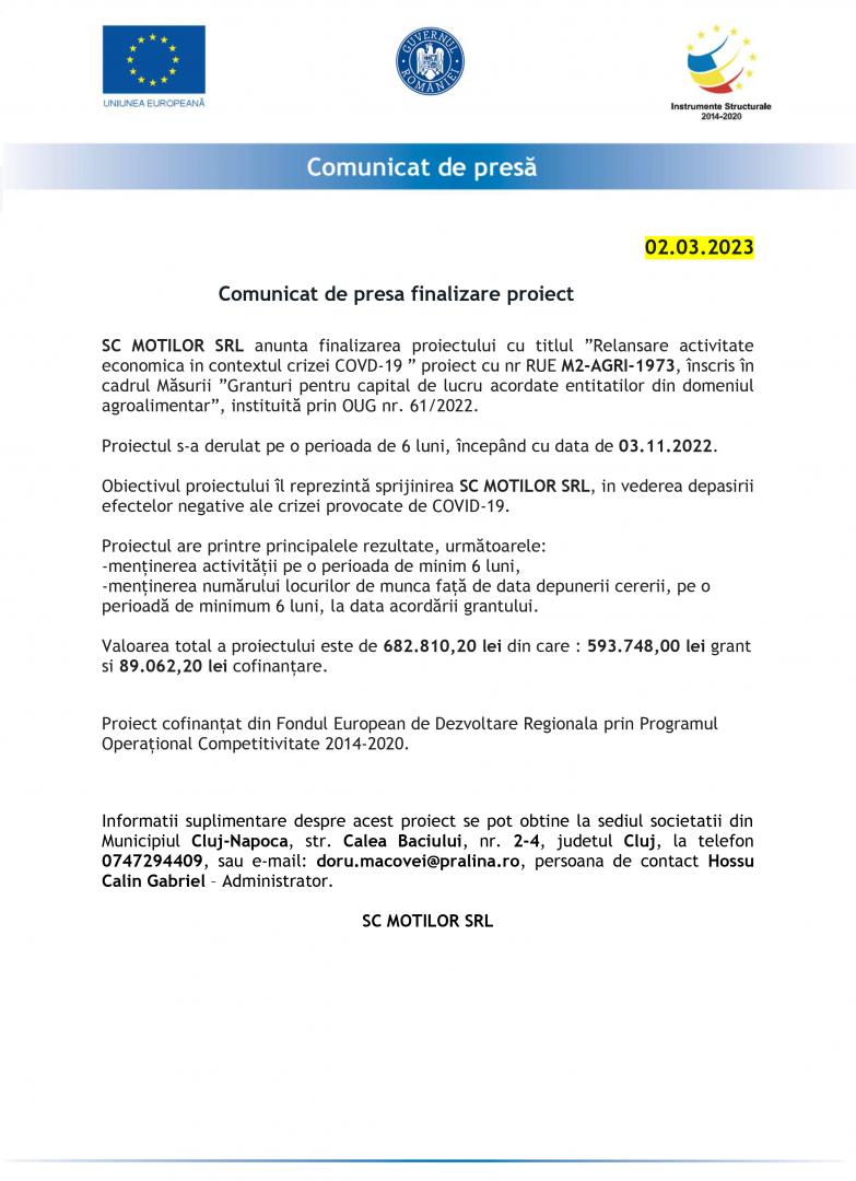 Comunicat de presa finalizare proiect SC MOTILOR SRL