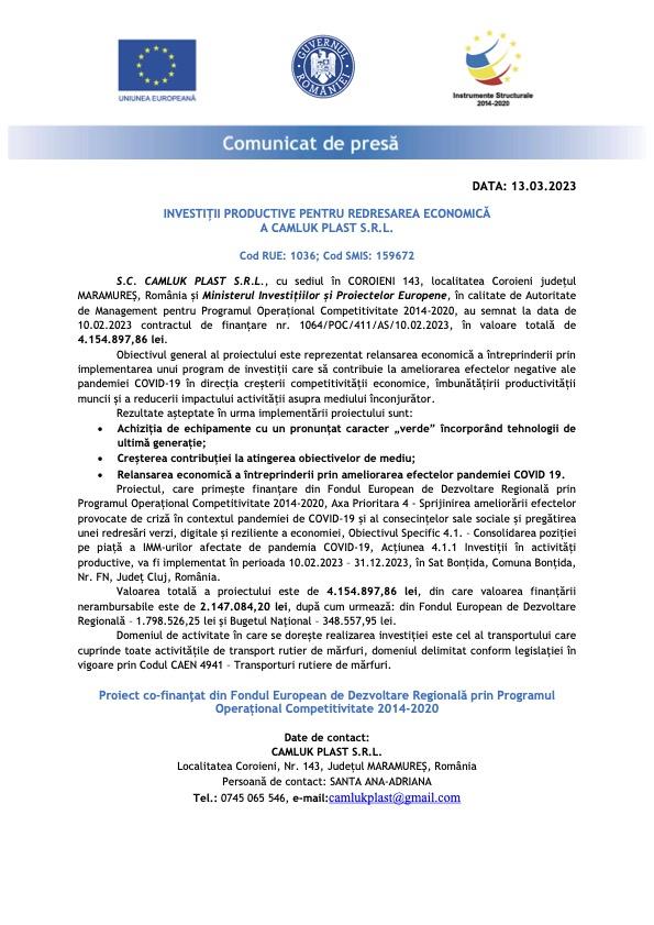 Anunț demarare proiect Camluk Plast SRL