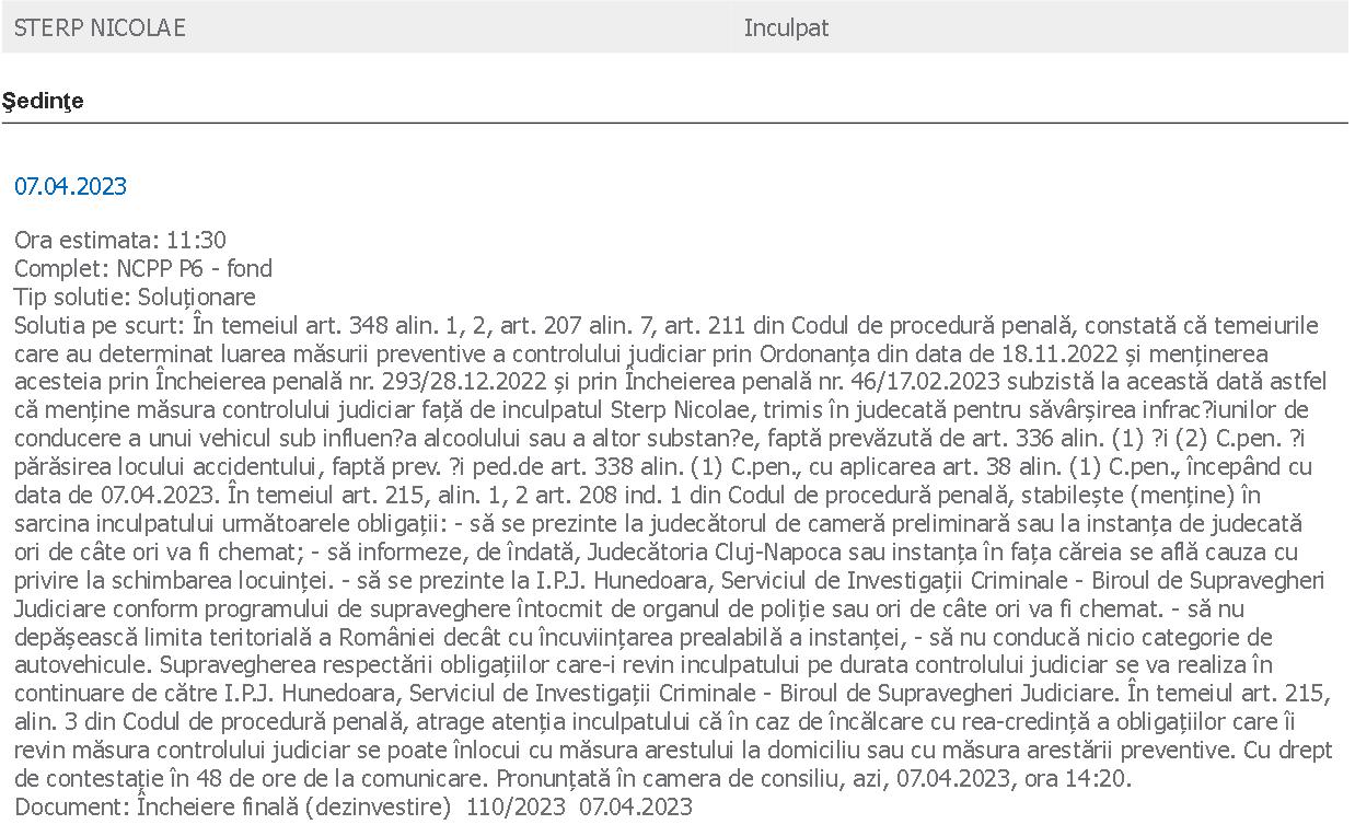 Vești rele pentru cântărețul Culiță Sterp. Rămâne sub control judiciar pentru accidentul produs în Cluj