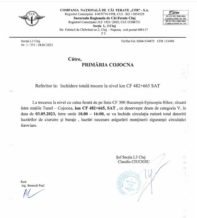 SE ÎNTRERUPE circulaţia rutieră peste trecerea la nivel cu calea ferată între Tunel şi Cojocna