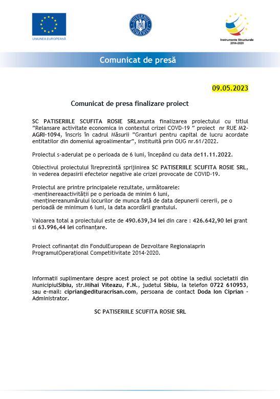 Comunicat de presa finalizare proiect SC PATISERIILE SCUFITA ROSIE SRL