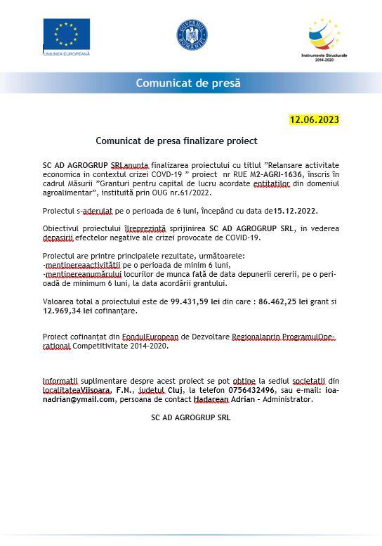 Comunicat de presa finalizare proiect SC AD AGROGRUP SRL