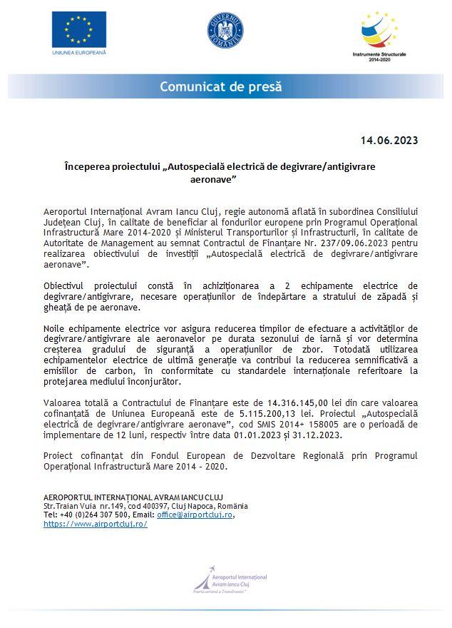 Aeroportul Cluj anunță începerea proiectului „Autospecială electrică de degivrare/antigivrare aeronave”