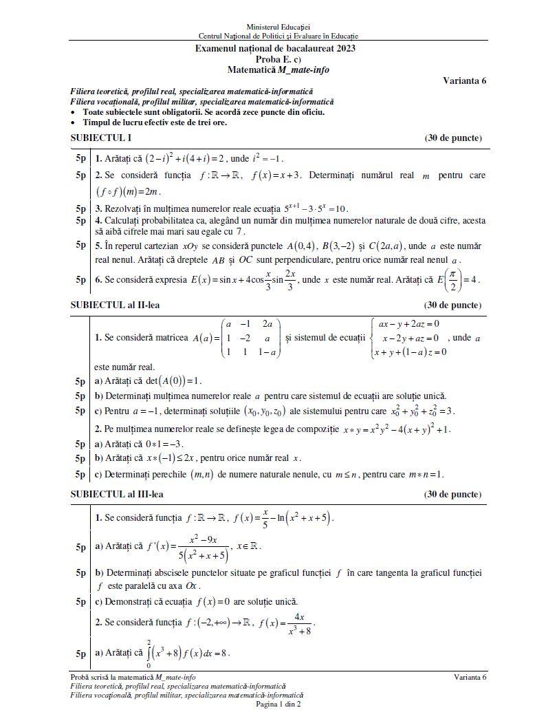 BAC 2023. SUBIECTELE și BAREMUL la Matematică