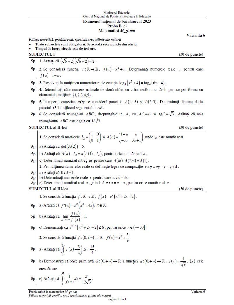 BAC 2023. SUBIECTELE și BAREMUL la Matematică
