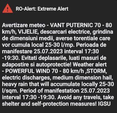 Vine furtuna! Mesaj RO-ALERT de COD PORTOCALIU de fenomene meteo extreme la Cluj