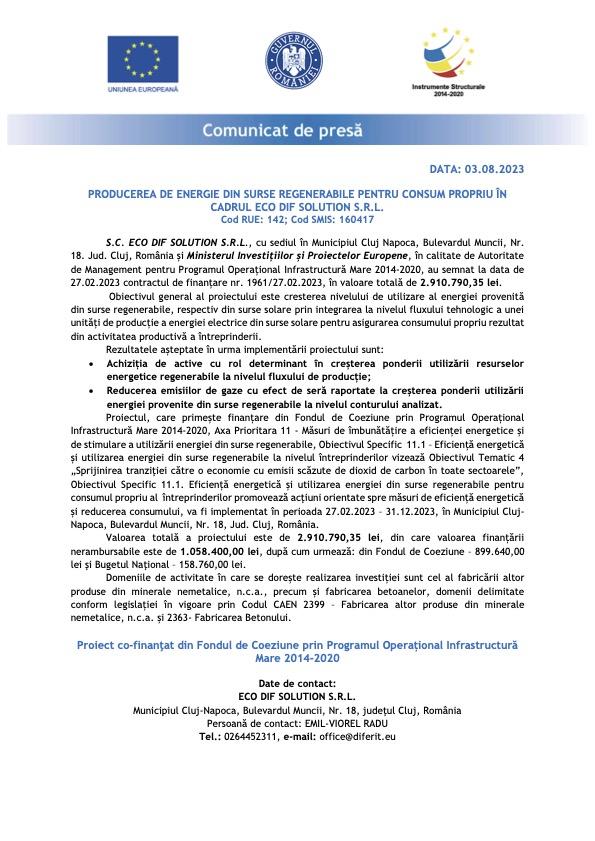 Anunț demarare proiect Eco Dif  Solution