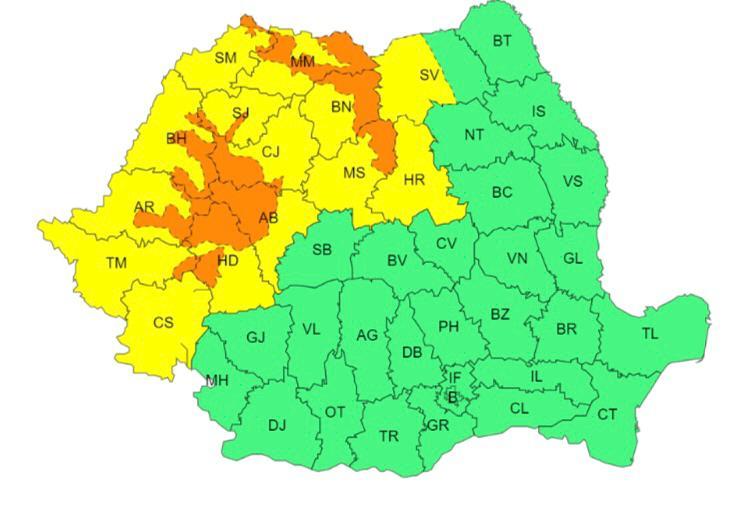 Avertizare meteorologică în județul Cluj: Cod galben și portocaliu de ploi