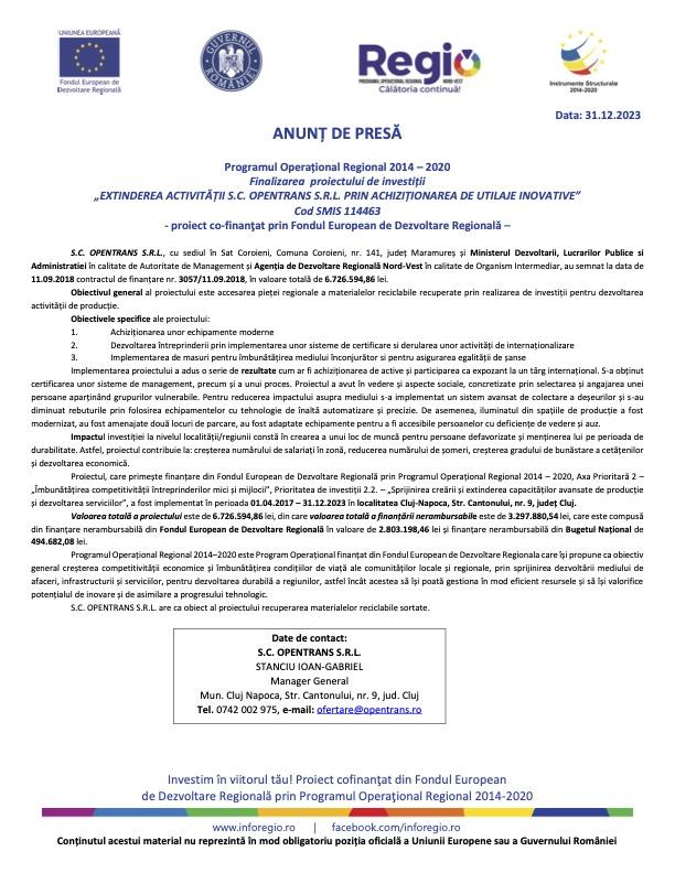 Anunț finalizare proiect