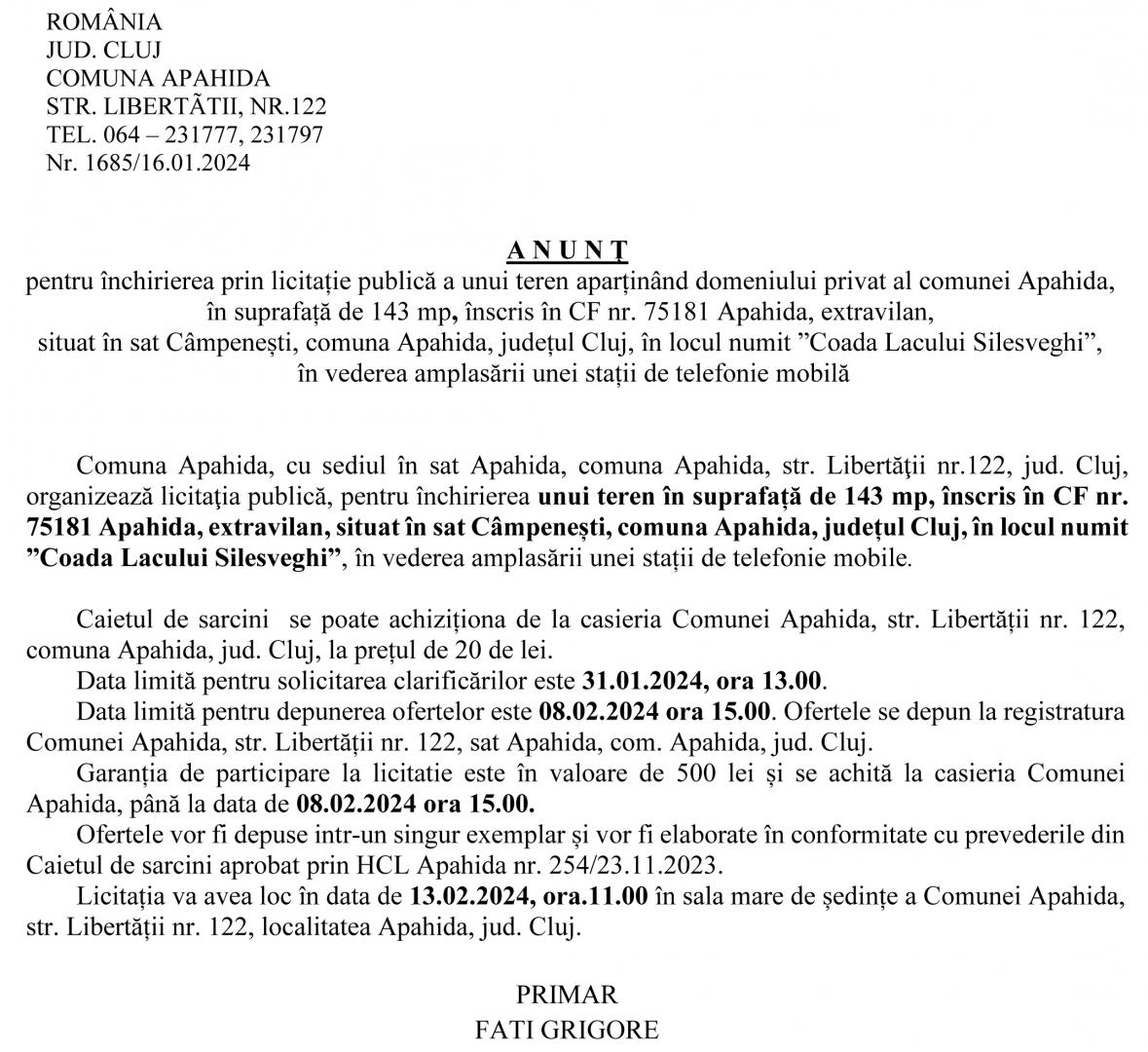 Anunţ pentru închirierea prin licitație publică a unui teren aparținând domeniului privat al comunei Apahida, în satul Câmpenești