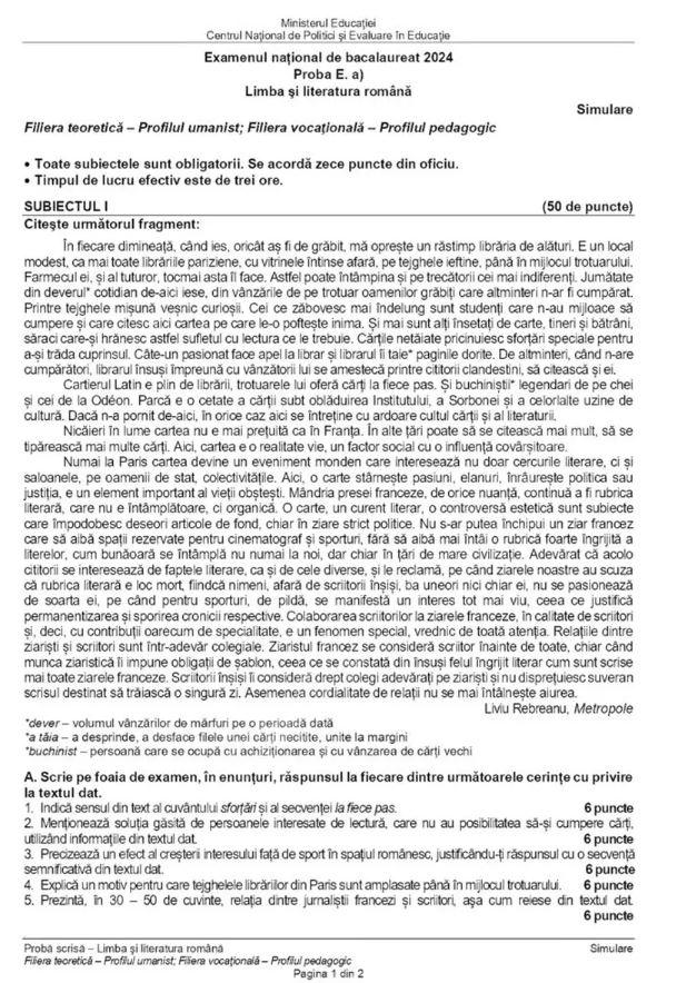 Simulare BAC 2024. Subiectele la Limba și literatura română