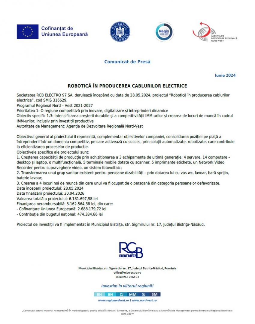 Comunicat de presă începere proiect RCB ELECTRO SA - Bistrita - “Robotică în producerea cablurilor electrice”