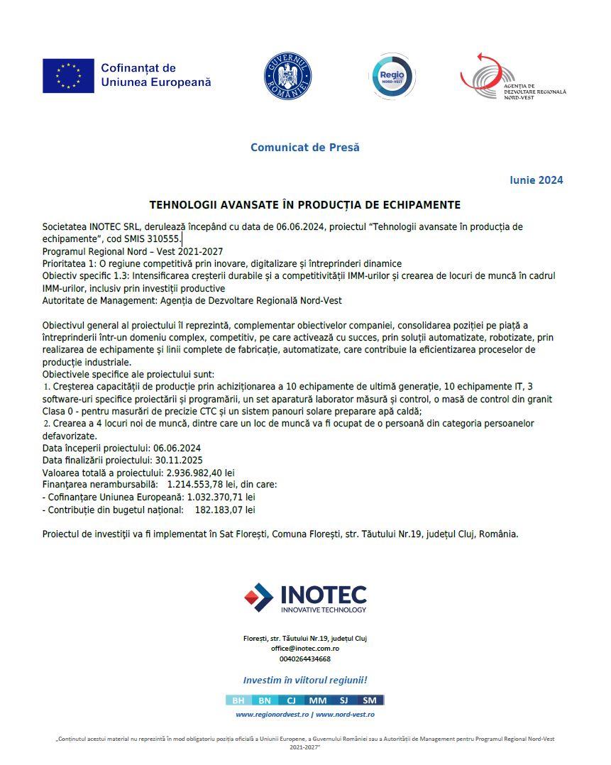 Comunicat de presă începere proiect INOTEC SRL - “Tehnologii avansate în producția de echipamente”