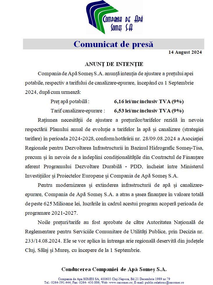 Compania de Apă Someș S.A. - ANUNȚ DE INTENȚIE