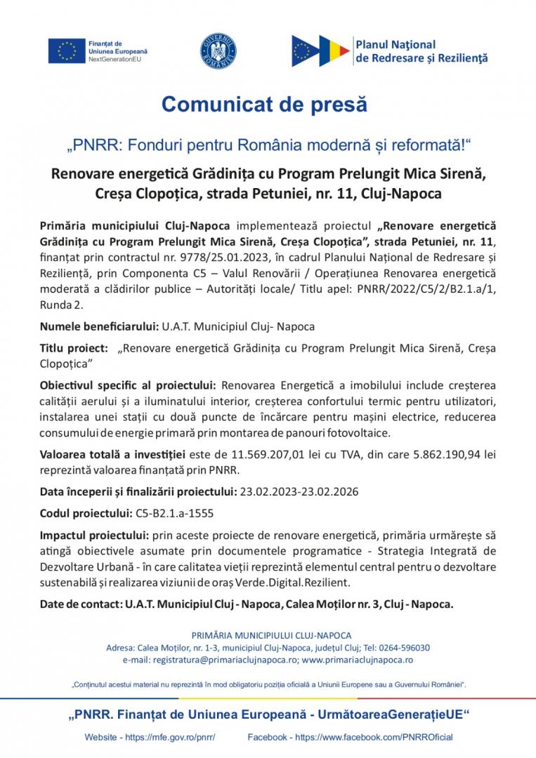 Comunicat de presă - "PNRR: Fonduri pentru România modernă și reformată!" - Renovare energetică Grădinița cu Program Prelungit Mica Sirenă,