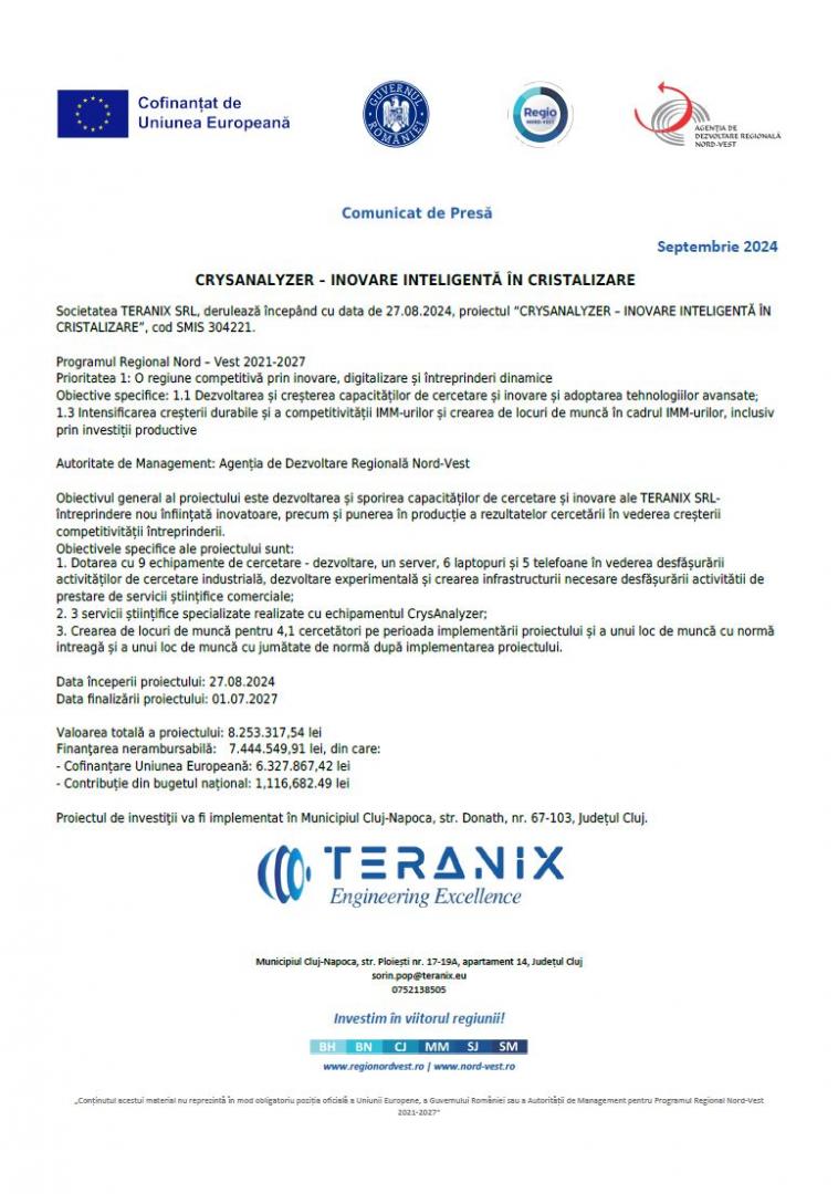 Comunicat de presă: Societatea TERANIX SRL derulează proiectul “CRYSANALYZER – INOVARE INTELIGENTĂ ÎN CRISTALIZARE”