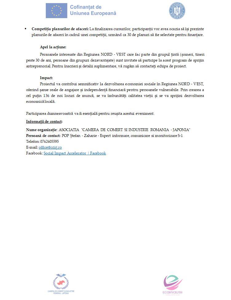 Comunicat de presă - Social Impact Accelerator: Sprijin pentru înființarea de întreprinderi sociale în mediul urban