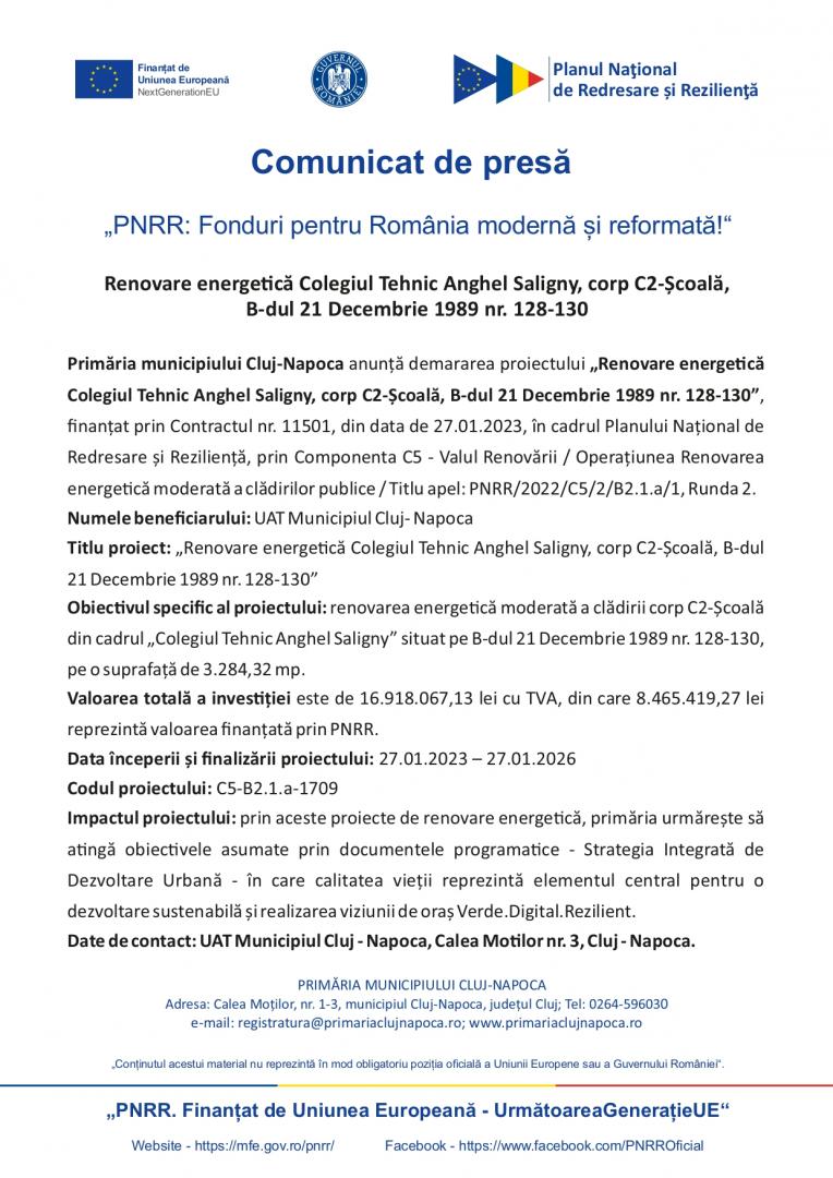 Comunicat de presă - "PNRR: Fonduri pentru România modernă și reformată!" - Renovare energetică Colegiul Tehnic Anghel Saligny
