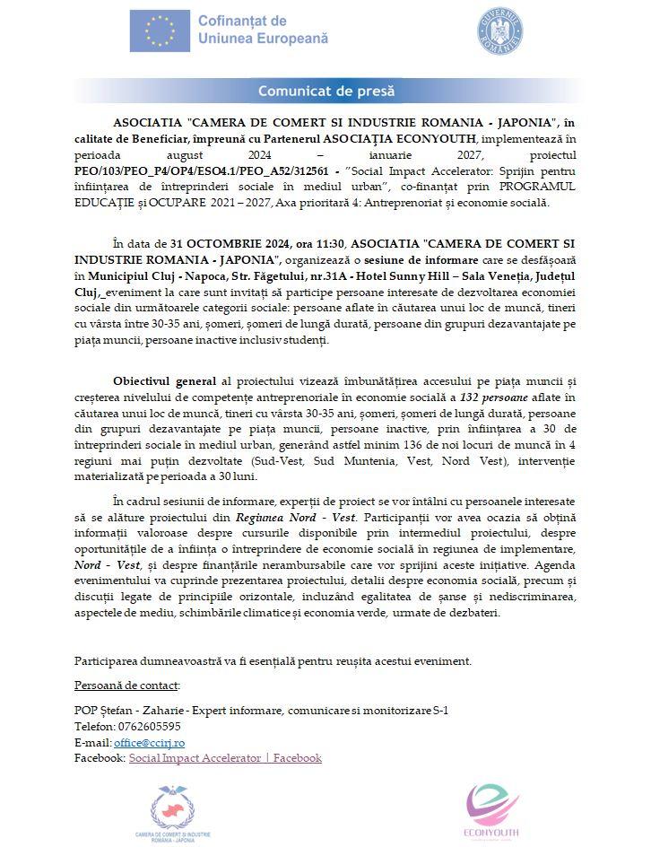 Comunicat de presă - Social Impact Accelerator: Sprijin pentru înființarea de întreprinderi sociale în mediul urban