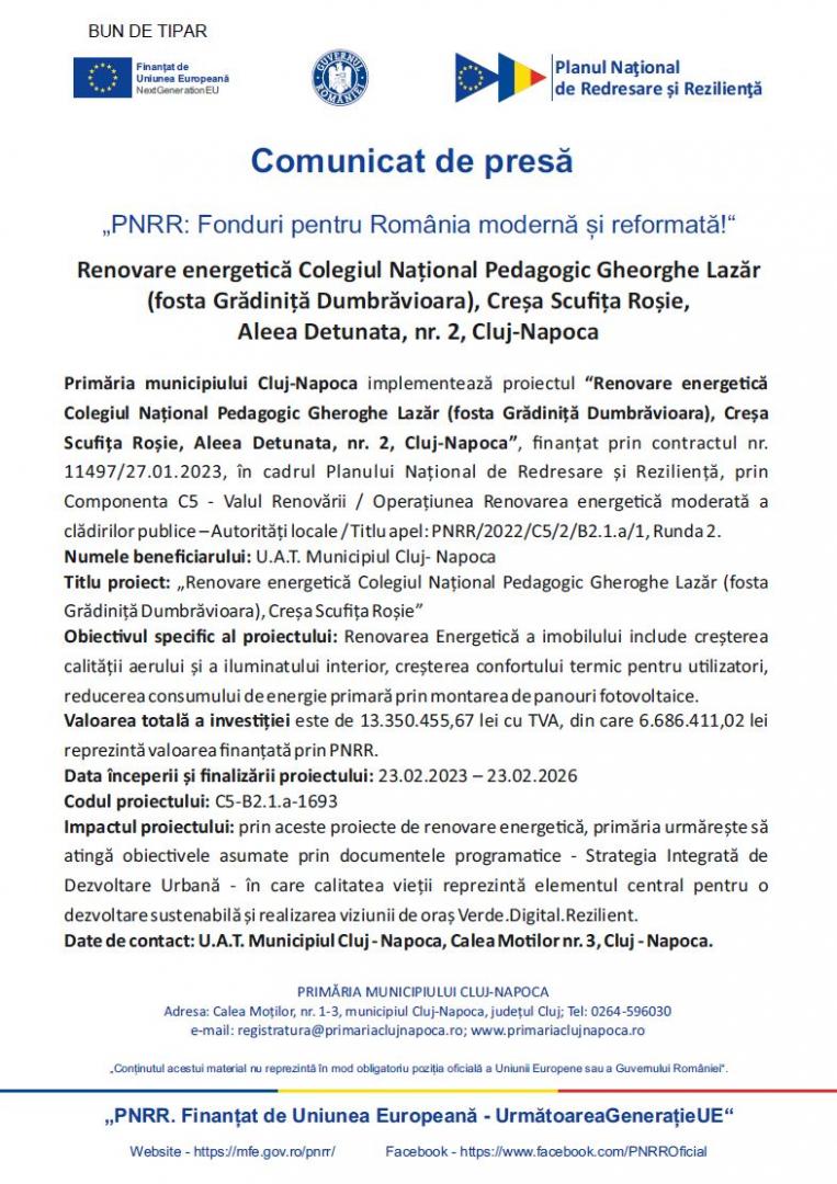 Comunicat de presă - "PNRR: Fonduri pentru România modernă și reformată!" - Renovare energetică Colegiul Național Pedagogic Gheorghe Lazăr (