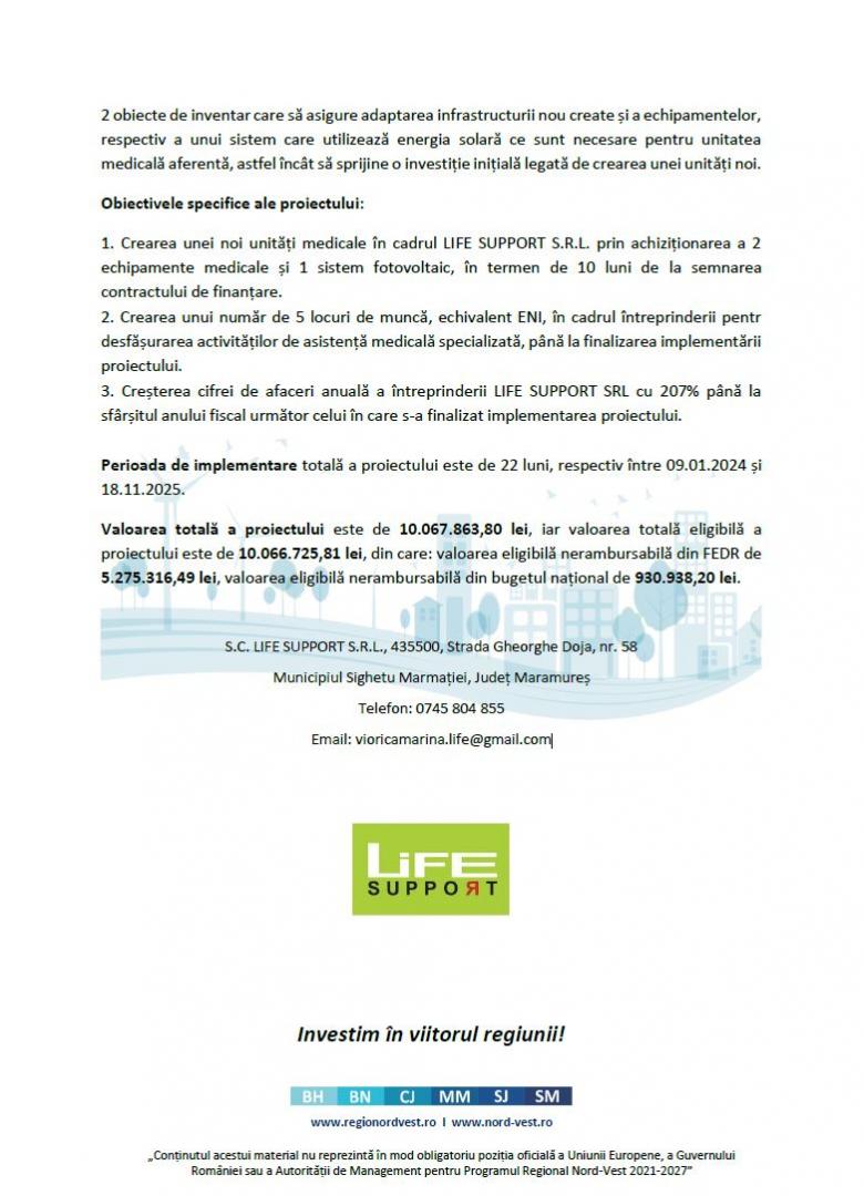 Comunicat de presă - demararea proiectului „CREȘTEREA COMPETITIVITĂȚII LIFE SUPPORT S.R.L. PRIN CREAREA UNEI UNITĂȚI MEDICALE PENTRU DIAGNOSTICAREA PR