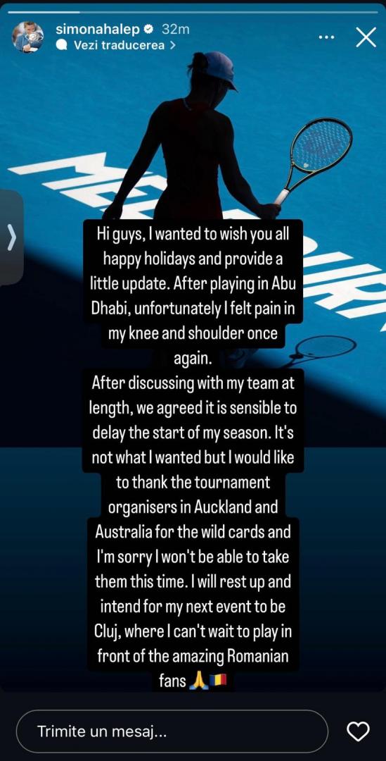 Simona Halep se retrage de la Australian Open: „Mă voi odihni și vor participa la turneul de la Cluj”