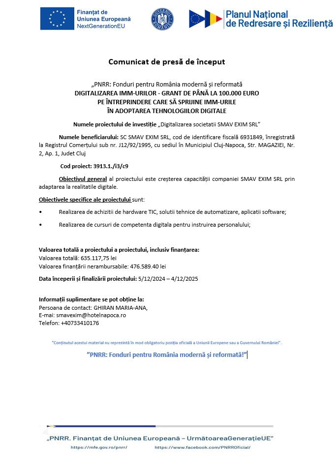 Comunicat de presă: "PNRR: Fonduri pentru România modernă și reformată" - Începerea proiectului "Digitalizarea societatii SMAV EXIM SRL