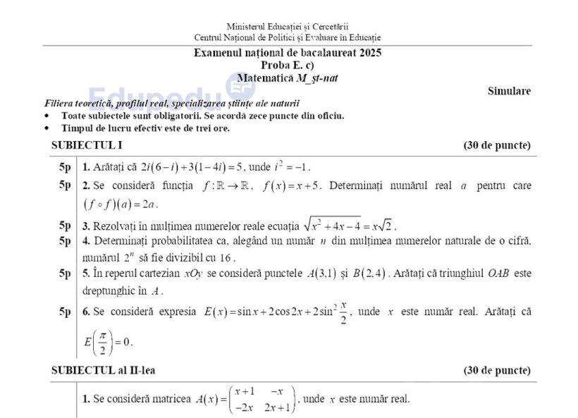 Simulare BAC 2025. Ce subiecte au primit elevii la Matematică