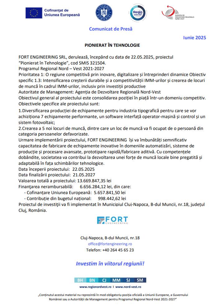 Comunicat de presă: FORT ENGINEERING SRL derulează proiectul “Pionierat în Tehnologie", cod SMIS 321504
